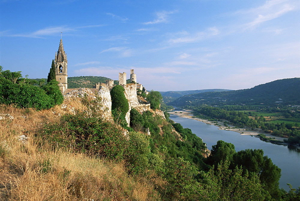 Church and castle overlooking Ardeche River, Aigueze, Gard, Languedoc-Roussillon, France, Europe