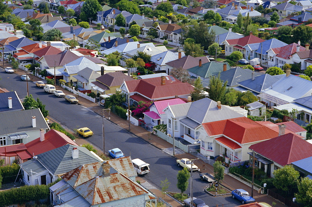 Aerial view of wooden villas, corrugated iron roofs, suburban street, Ponsonby, Auckland, Central Auckland, North Island, New Zealand, Pacific