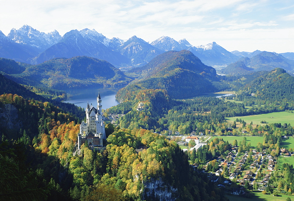 Neuschwanstein and Hohenschwangau castles, Alpsee and Tannheimer Alps, Allgau, Bavaria, Germany, Europe