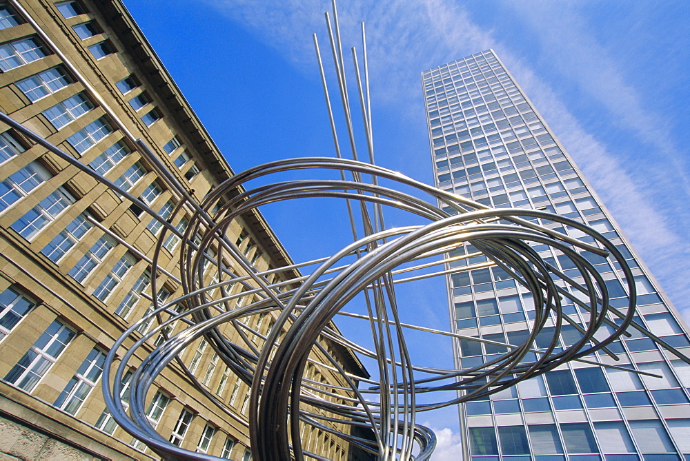 Modern scuplpture below Mannesmann Tower, Dusseldorf, Germany, Europe