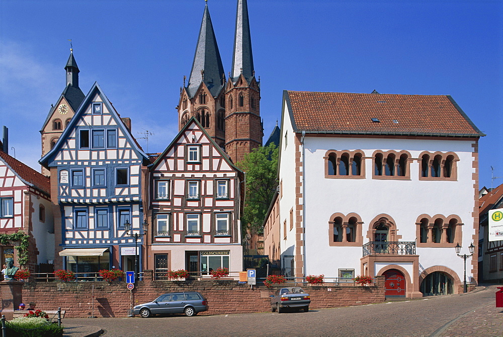 The Market Square with the Marien church on the town skyline in Gelnhausen, Hesse, Germany, Europe