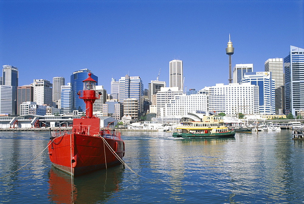 Lightship and city skyline, Darling Harbour, Sydney, New South Wales (NSW), Australia, Pacific