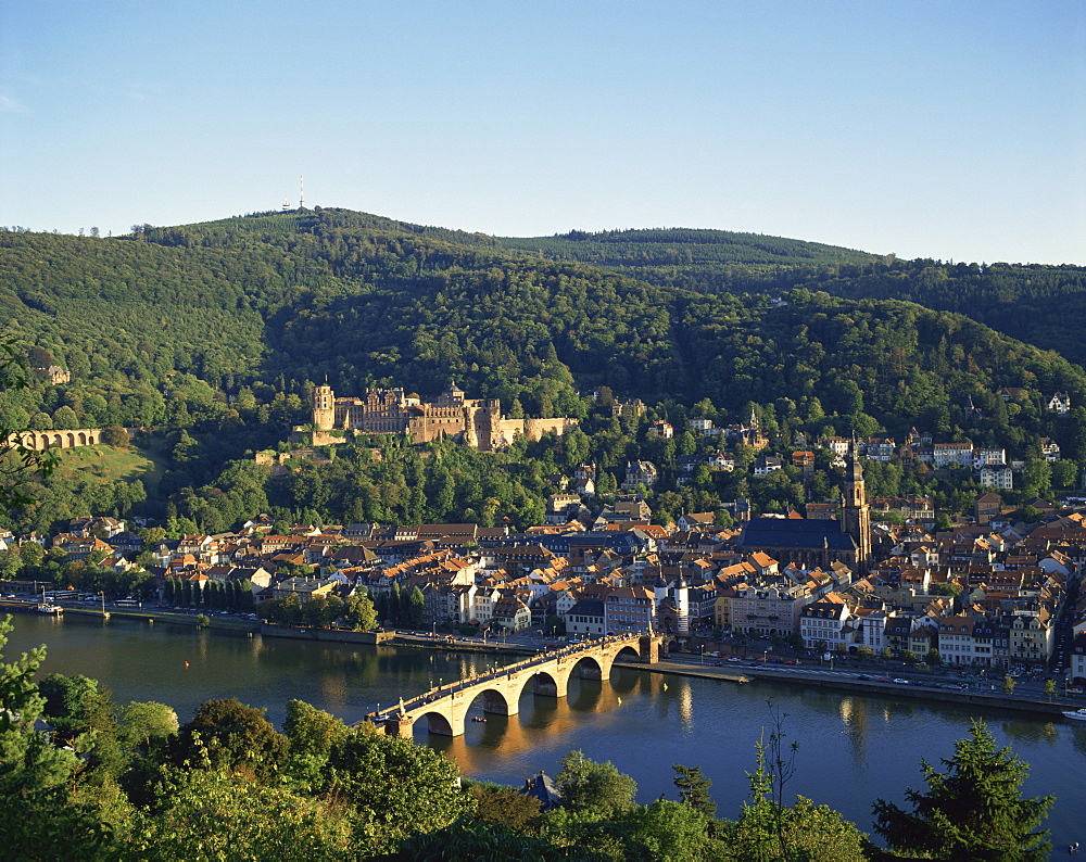 Aerial view over Heidelberg, including the River Neckar, the Old Bridge (Karl Theodor Bruke), and Heidelberg Castle, Baden Wurttemberg, Germany, Europe