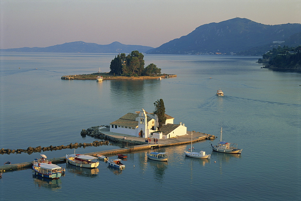 Vlachema Monastery and Pontikonissi, Corfu, Ionian Islands, Greek Islands, Greece, Europe