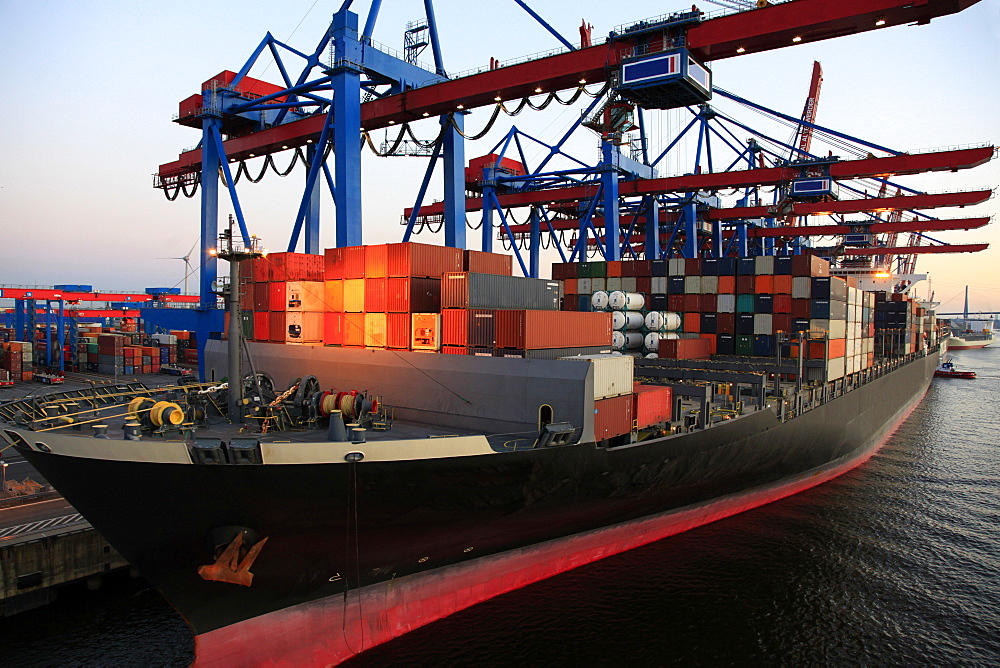 Container ship in port of Hamburg, Germany, Europe