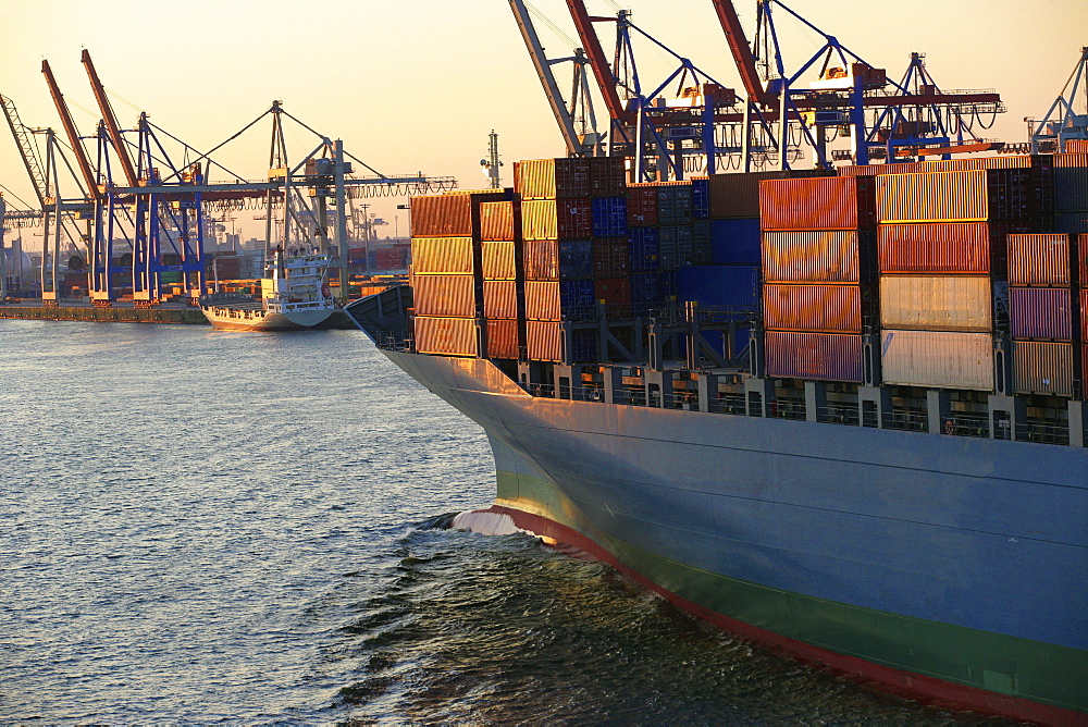 Container vessel in port of Hamburg, Germany, Europe