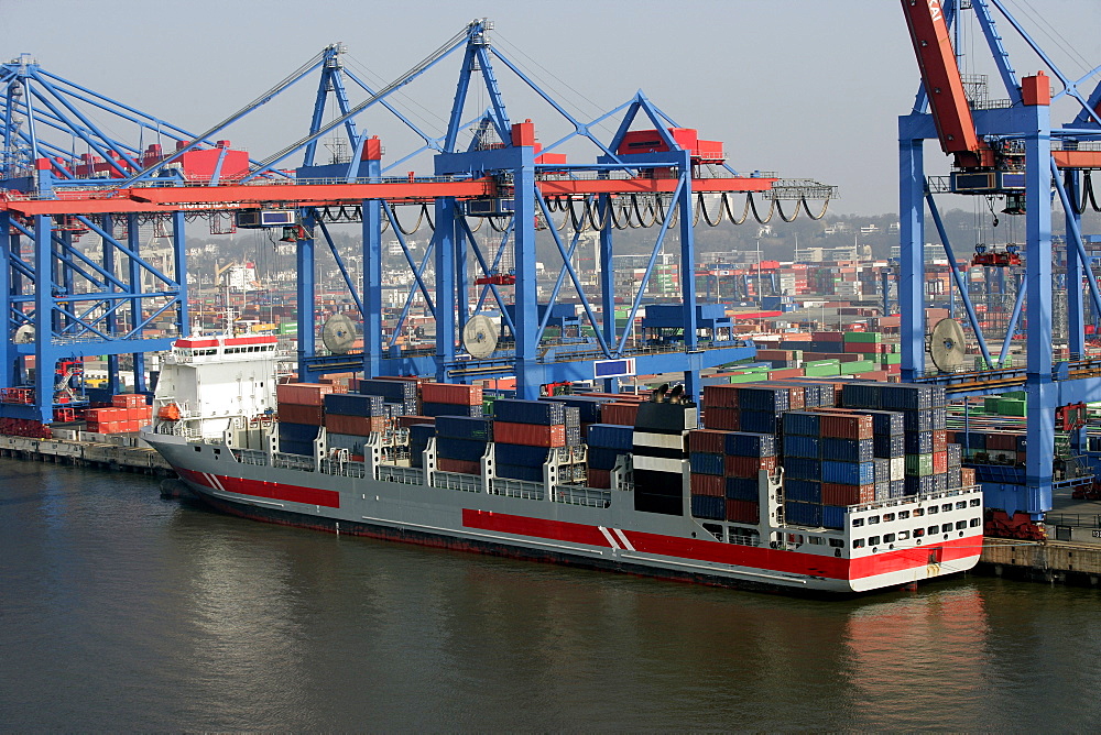 Container ship at container terminal, port of Hamburg, Germany, Europe