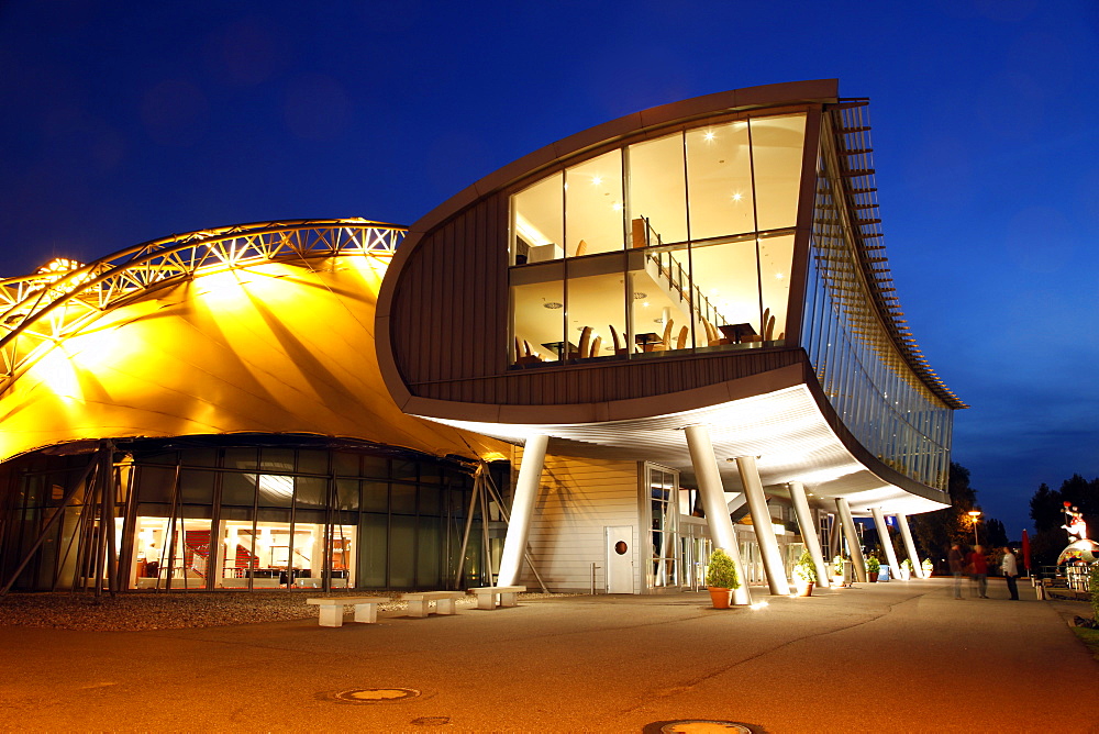 Musical theatre at harbour, illuminated at night, Hamburg, Germany, Europe