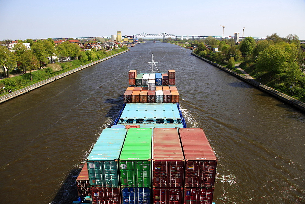 Container ship on the Kiel Canal, Schleswig-Holstein, Germany, Europe