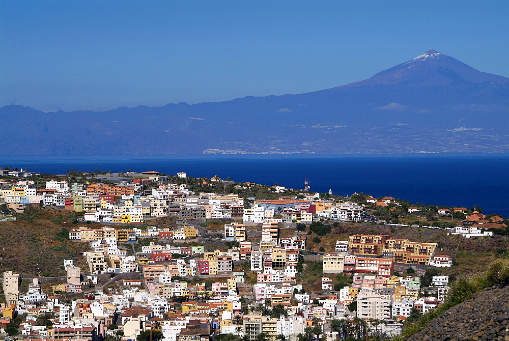 View over San Sebastian de la Gomera to Pico de Teide on Tenerife, Gomera, Canary Islands, Spain, Atlantic, Europe