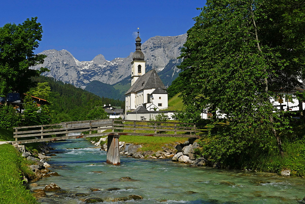 Parish Church against Reiteralpe, Ramsau, Upper Bavaria, Bavaria, Germany, Europe