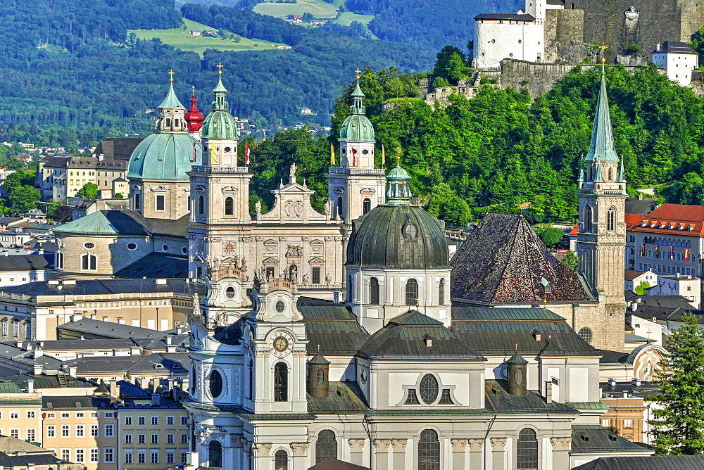 View towards Salzburg Cathedral, Collegiate Church and Fortress Hohensalzburg, Salzburg, Austria, Europe