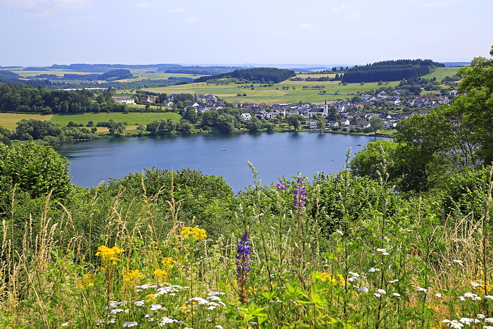 View across Schalkenmehren Maar towards Schalkenmehren, Eifel, Rhineland-Palatinate, Germany, Europe