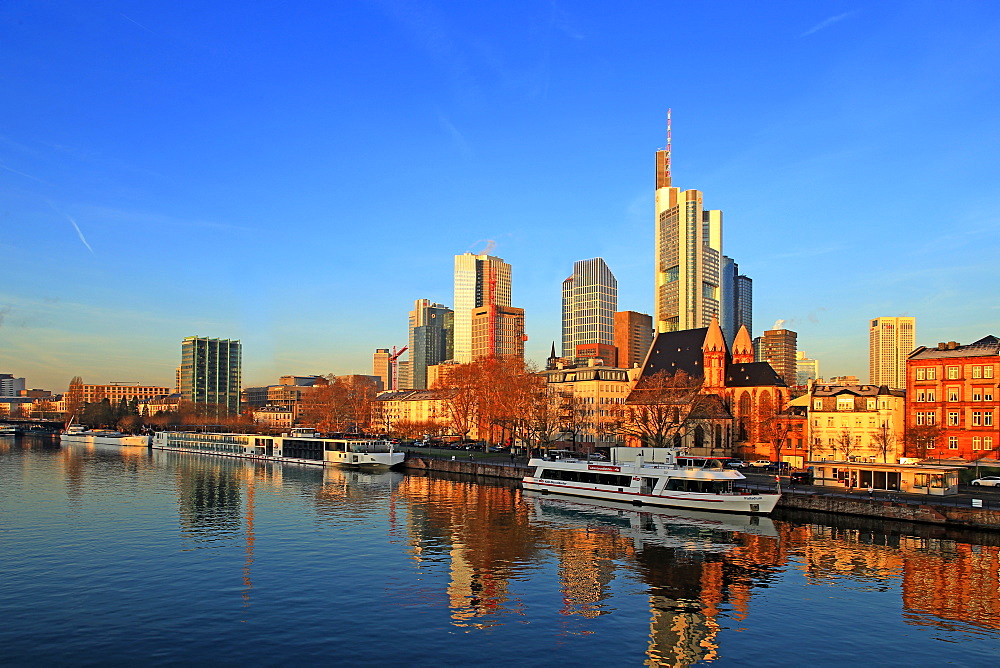 View across Main River towards the skyline of Frankfurt am Main, Hesse, Germany, Europe