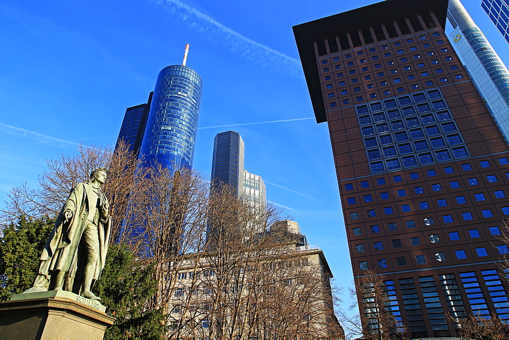 Schiller Monument and Financial District, Frankfurt am Main, Hesse, Germany, Europe