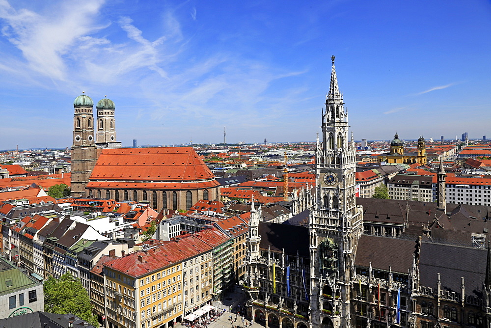 View from St. Peter's Church down to Marienplatz Square, City Hall and Church of Our Lady, Munich, Upper Bavaria, Bavaria, Germany, Europe