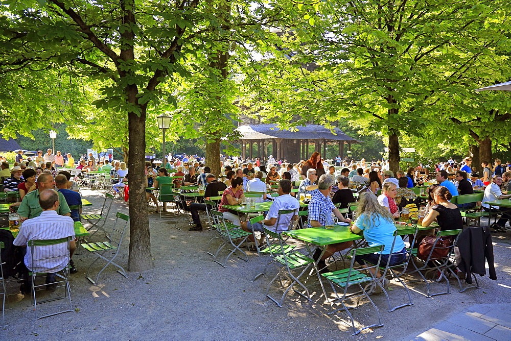 Beer garden at the Chinesischer Turm in the English Garden, Munich, Upper Bavaria,Bavaria, Germany, Europe