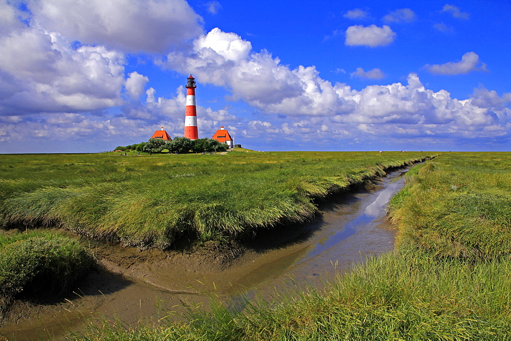 Lighthouse in the Wadden Sea National Park, Westerhever, Schleswig-Holstein, Germany, Europe