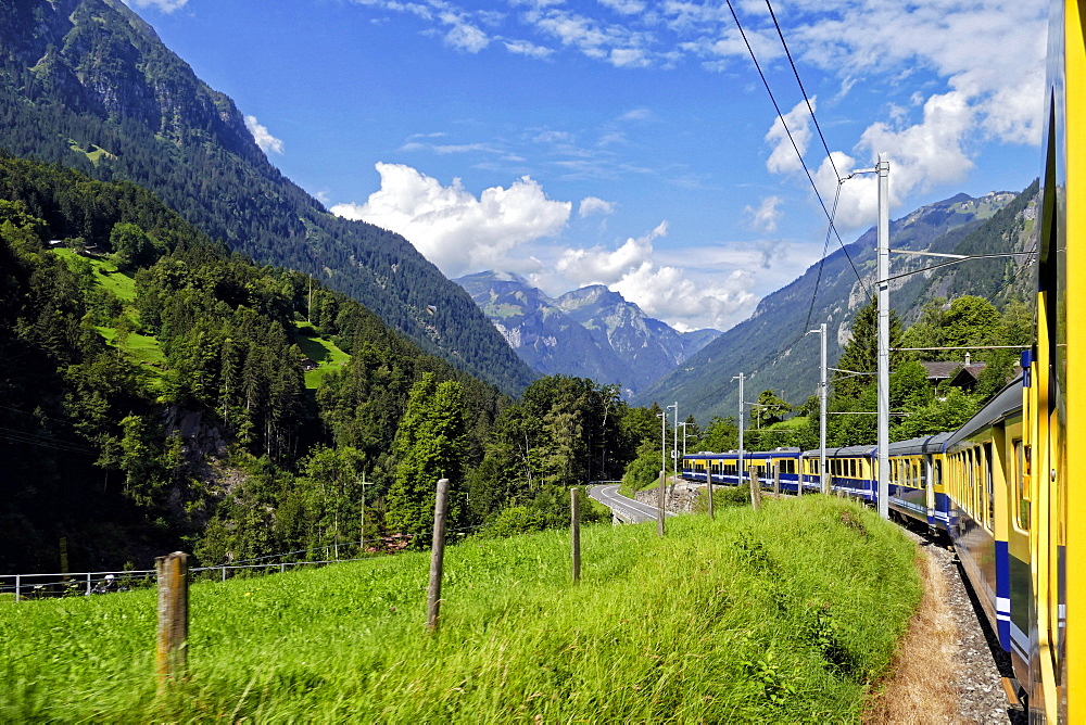 Berner Oberlandbahn Railway in Lutschental near Grindelwald, Bernese Oberland, Switzerland, Europe