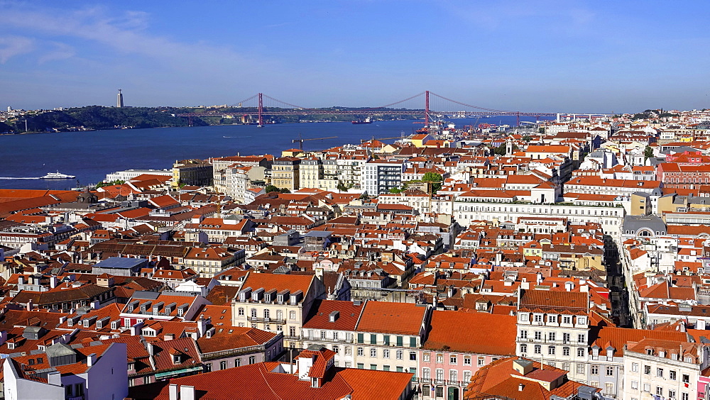 View from Castelo Sao Jorge over the old town Baixa, River Tejo (Tagus River), Lisbon, Portugal, Europe