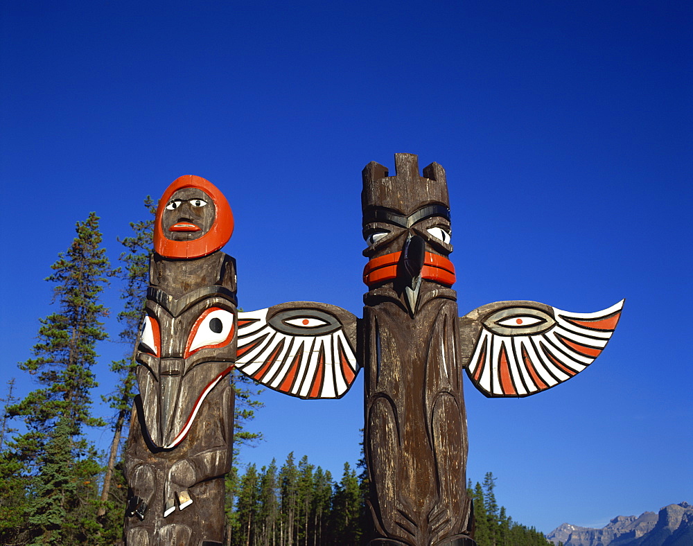 Totem poles, Jasper National Park, near Jasper, Alberta, Canada, North America