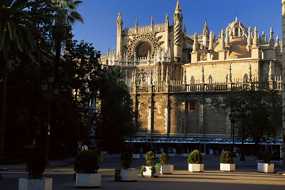 Southern aspect, Seville cathedral dating from between 1402 and 1506, Seville, Andalucia, Spain, Europe