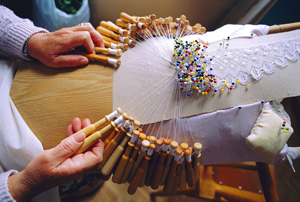 Lace making, Camarinas, Galicia, Spain, Europe"Making bobbin lace, Camarinas is a famous lace making village, the lace makers are called Palilleiras"