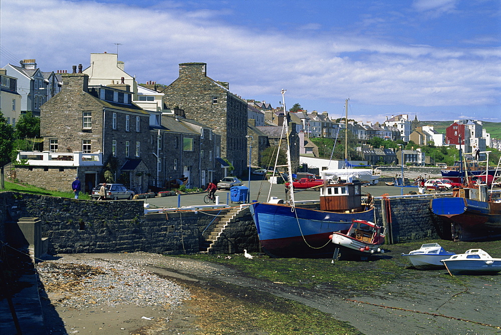 Fishing boat dried out in the Old Harbour, Port St. Mary, Isle of Man, United Kingdom, Europe