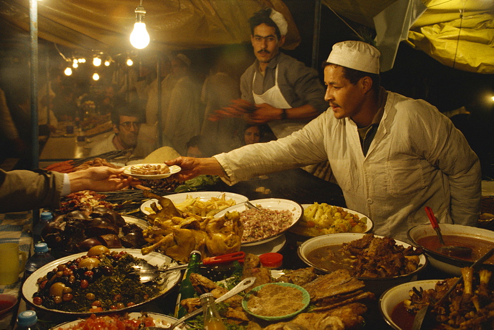 Food stall in the Djemaa el Fna market in Marrakesh, Morocco, North Africa, Africa