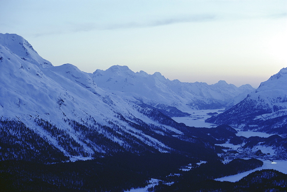 View southwest towards the Maloja Pass, with Mount Piz Rosatsch (3134m) on left, Upper Engadine Valley, Graubunden, Swiss Alps, Switzerland, Europe