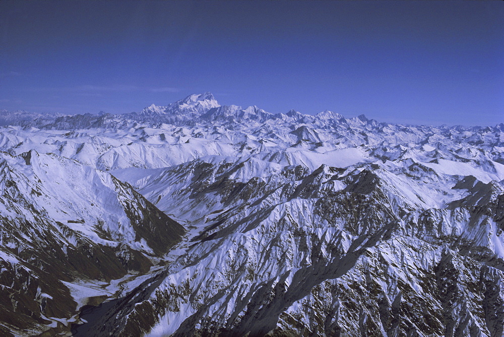 Aerial view of Himalaya mountain range, with Nanga Parbat, 8125m, seen from south west, rising above other mountains, Pakistan, Asia