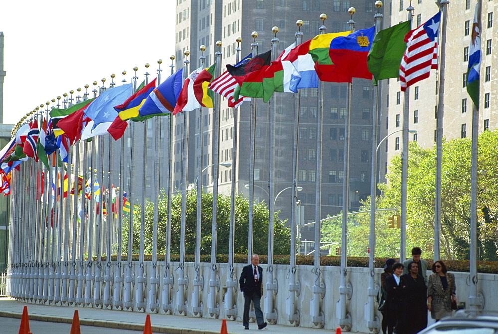 Line of flags outside the United Nations Building, Manhattan, New York City, United States of America, North America