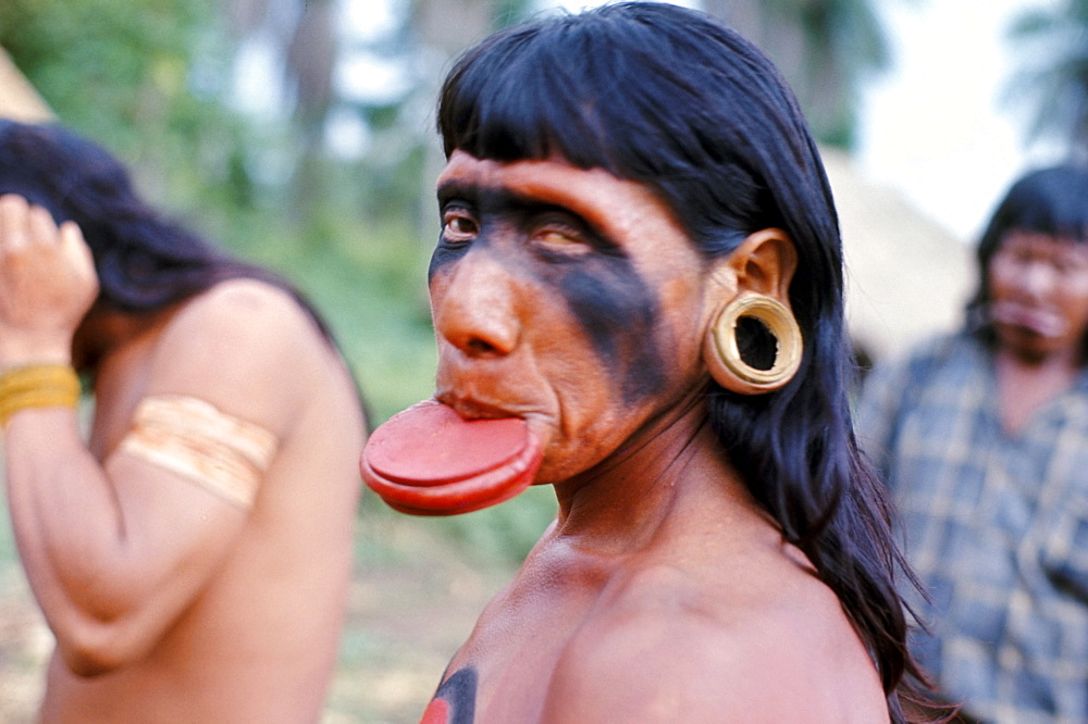 Portrait of a Suya Indian man with lip plate, Brazil, South America (1971)