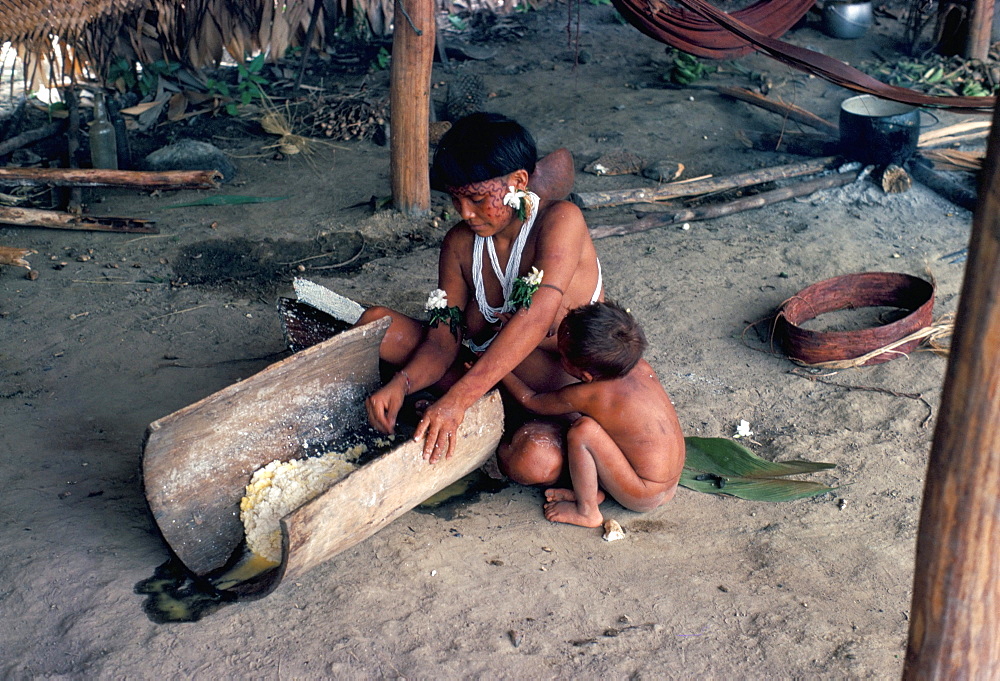 Yanomami woman preparing manioc, Brazil, South America