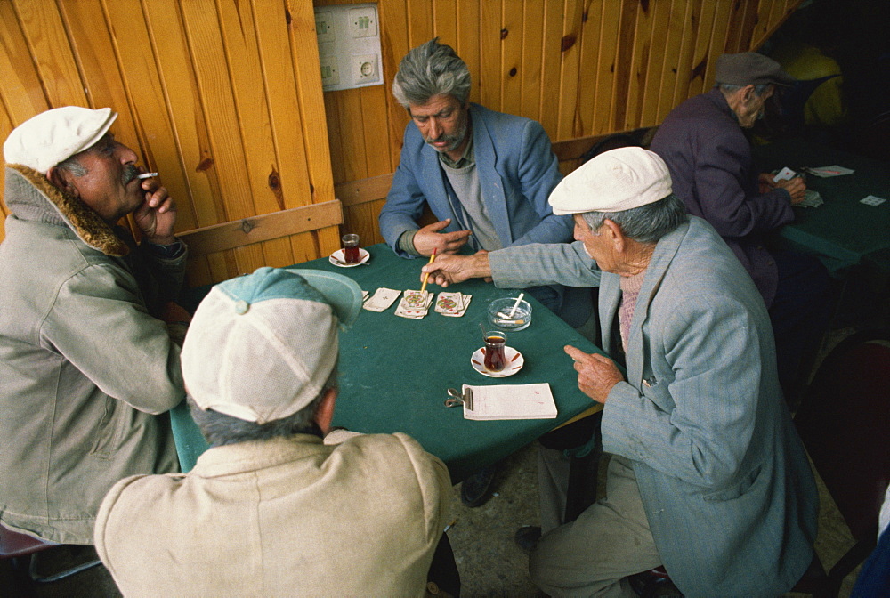 A group of phaeton drivers drink tea and play cards at Buyuk Ada on Princes Island, Turkey, Asia Minor, Eurasia