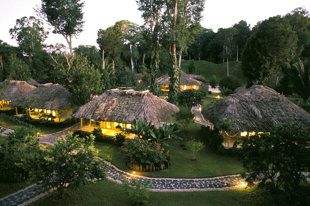 Chan Chich Lodge in Mayan plaza, Gallon Jug, Belize, Central America