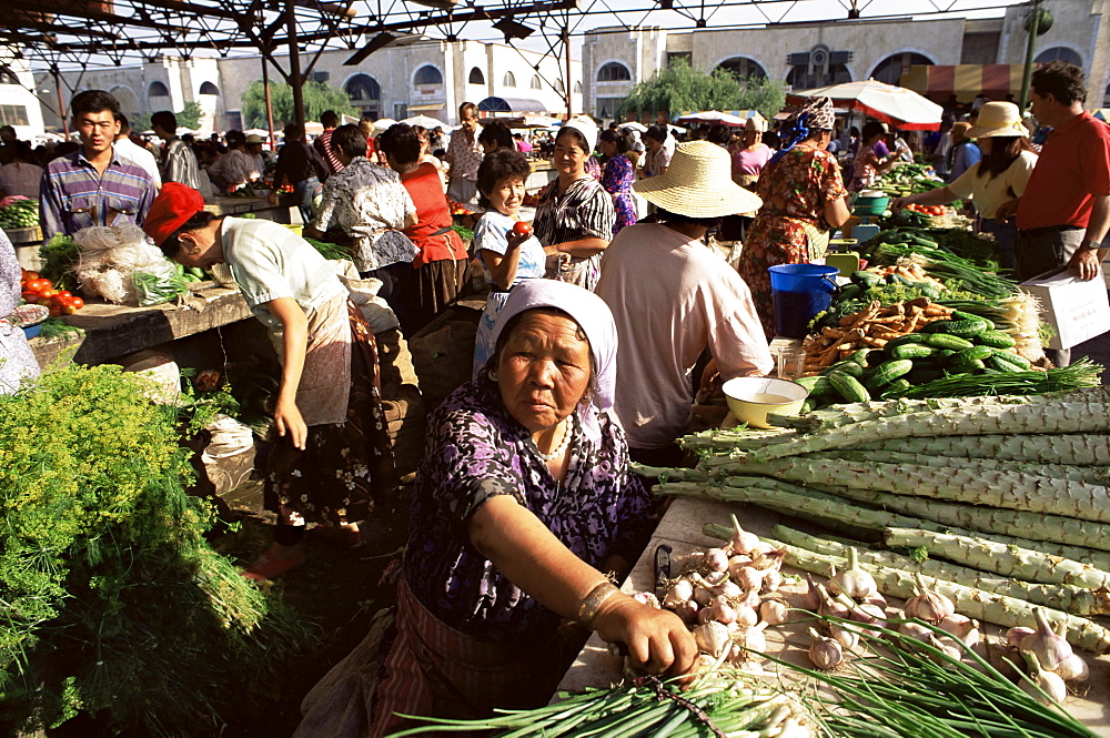 Vegetable seller, Osh Bazaar, Bishkek, Kyrgyzstan, Central Asia, Asia