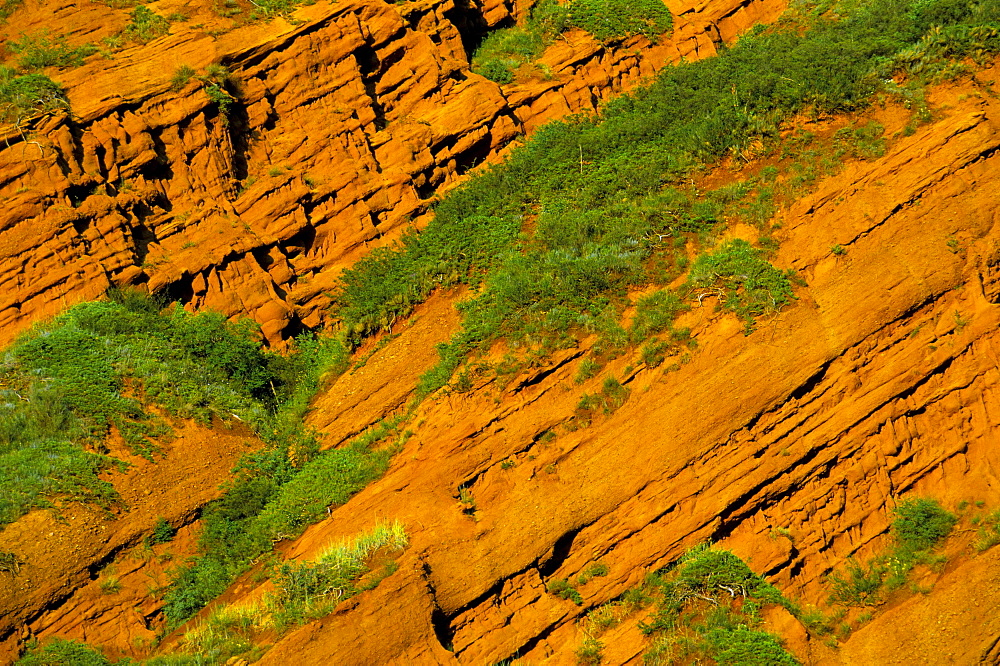 Detail of red cliff, Dzhety-Oguz, near Kara-Kol, Kyrgyzstan, Central Asia, Asia