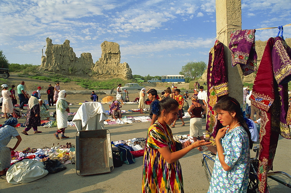 Second hand clothes market, Old City walls, Bukhara, Uzbekistan, Central Asia, Asia