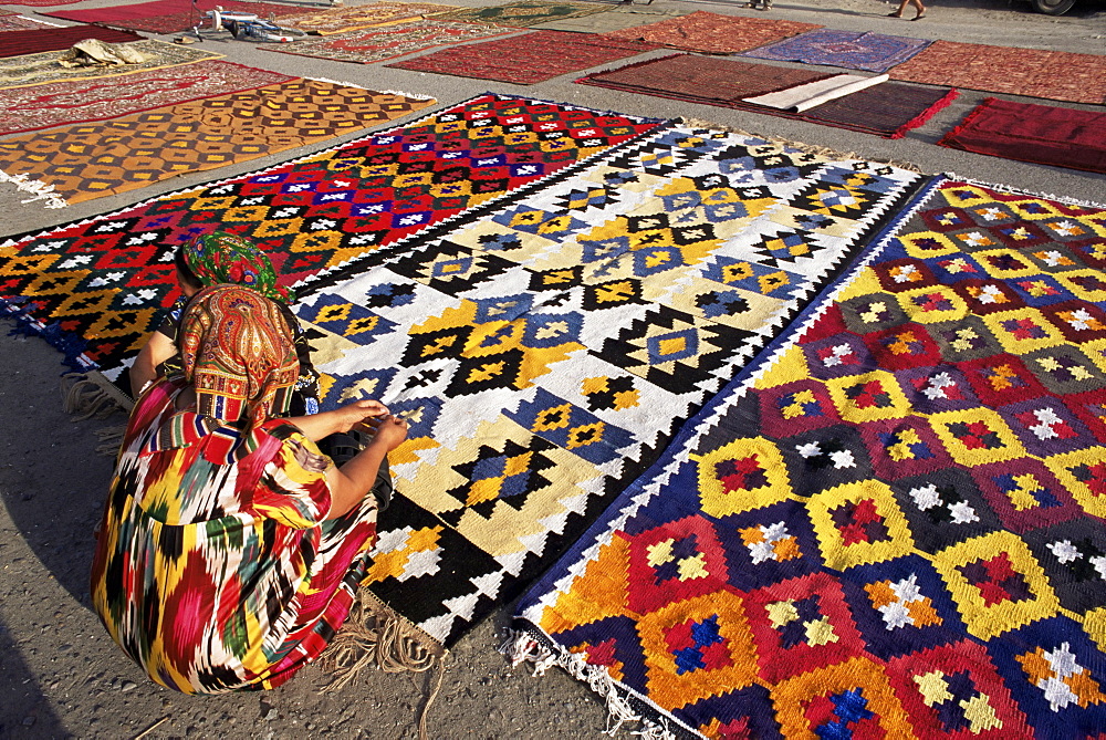 Carpet market, Old City walls, Bukhara, Uzbekistan, Central Asia, Asia