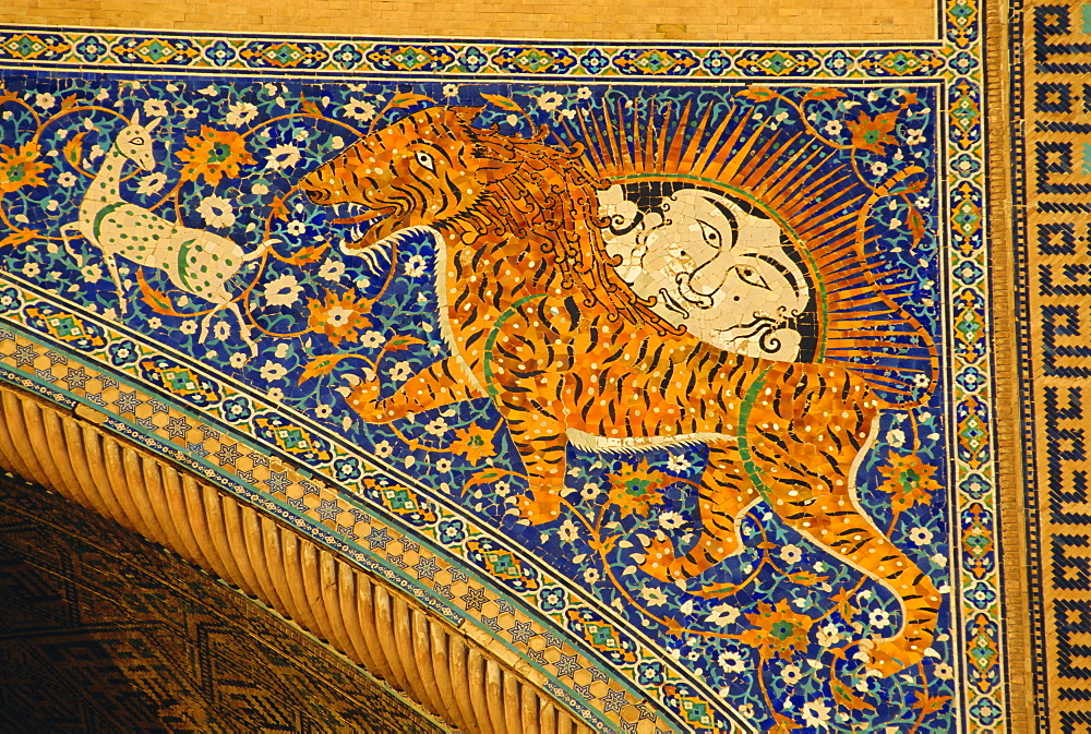 Ceramic detail, Sher Dor madressa, Registan Square, Samarkand, Uzbekistan, Central Asia