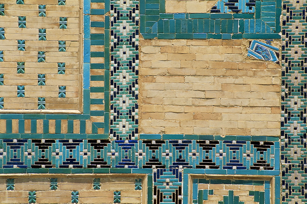 Close-up of turquoise ceramics, Shah-i-Zinda mausoleum, Samarkand, Uzbekistan, Central Asia, Asia