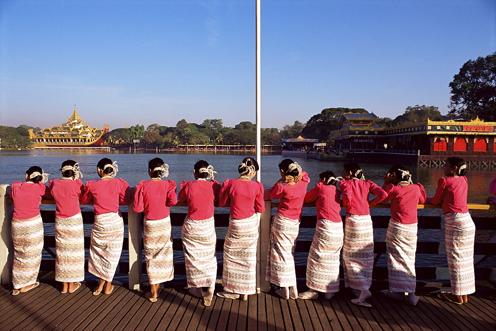 Mon women in traditional dress, Yangon (Rangoon), Myanmar (Burma), Asia