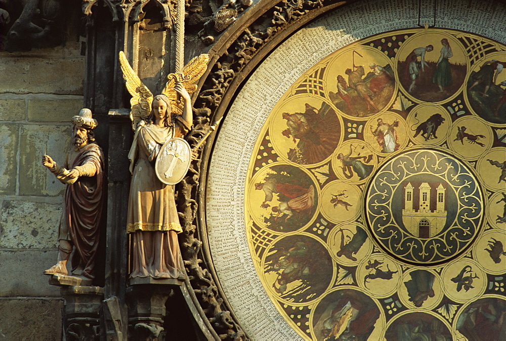 Close-up of the astronomical clock, Town Hall, Old Town Square, Prague, Czech Republic, Europe