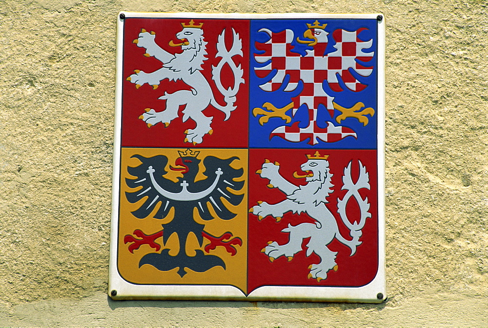 Plaque of the new emblem of the Czech Republic in Slavkov, South Moravia, Czech Republic, Europe