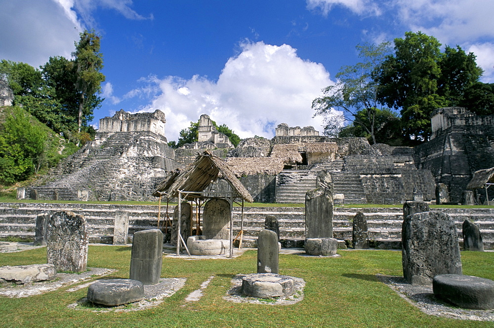 Stelae in foreground, North Acropolis, Tikal, UNESCO World Heritage Site, Guatemala, Central America