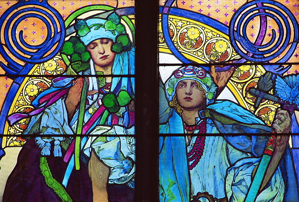 Stained glass by Mucha, St. Vitus Cathedral, Prague, Czech Republic, Europe