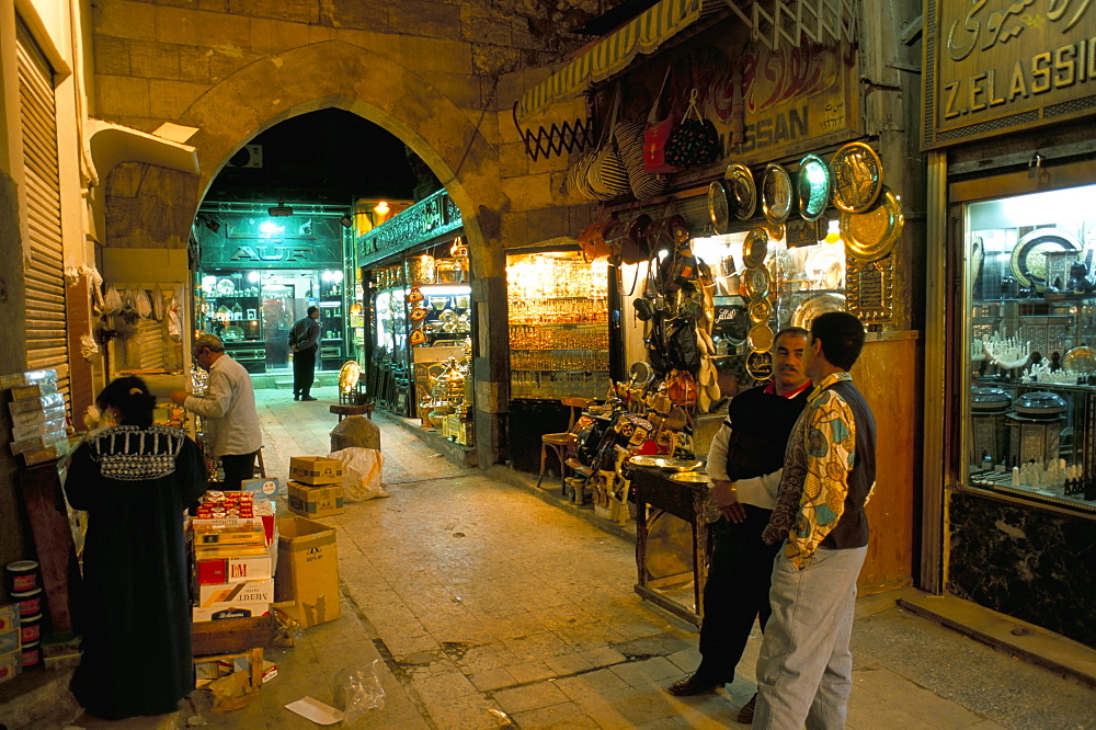 Khan el-Khalili bazaar at night, Cairo, Egypt, North Africa, Africa