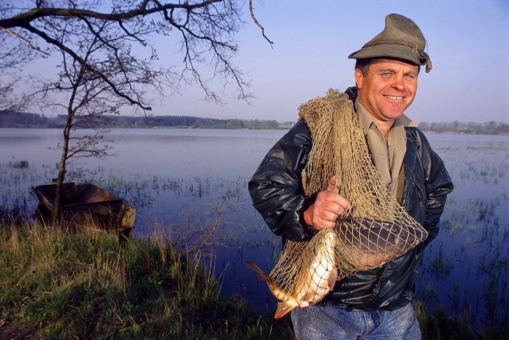 Carp fisherman with carp for a Christmas meal, near Trebon, South Bohemia, Czech Republic, Europe