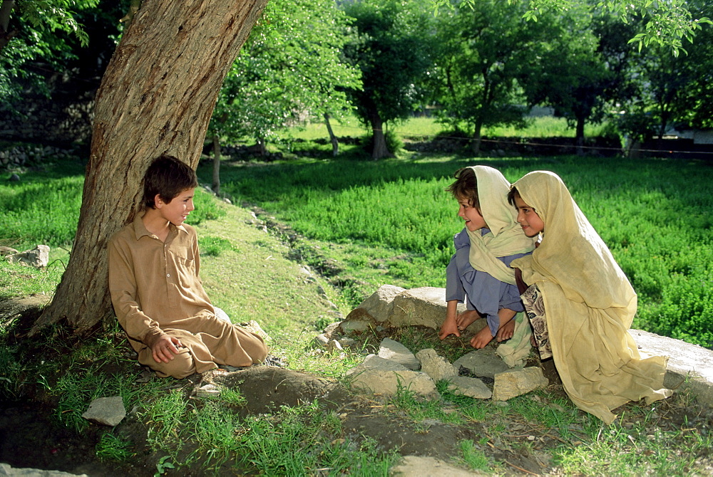 Children chatting under a tree, Gilgit, Pakistan, Asia